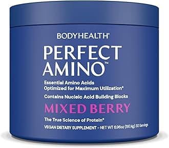PerfectAmino Powder Mixed Berry (30 Servings) Best Pre/Post Workout Recovery Drink, 8 Essential Amino Acids Energy Supplement with 50% BCAAs, 100% Organic, 99% Utilization