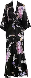 Women's Satin Kimono Robe Long - Floral, Chrysanthemum & Crane - Black, One size