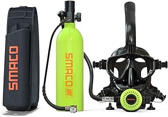 SMACO Mini Scuba Tank with Snorkel Mask 1L Portable Small Diving Tank with Sub Mask Reusable Pony Bottle with Full Face Diving Mask Diving Cylinder Kit for Snorkeling Recreational Diving S400Pro