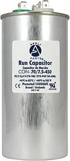 Appli Parts Dual Run Capacitor for ac 70+7.5 Mfd uF (microfarads) 370VAC or 450VAC CBB65 Round Universal fit for hvac and other applications 5-1/4 in High 2-1/4 in Wide CON-70/7.5-450