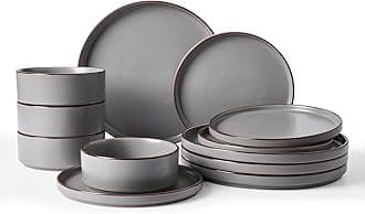 Famiware Nebula Ridge Stoneware Dinnerware Sets, Plates and Bowls Sets for 4, 12 Pieces Dishes Set, Microwave and Dishwasher Safe Kitchen Plates, Dark Gray