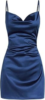 Women's Satin Sleeveless Spaghetti Strap Mini Dress Sexy Slip Cowl Neck Silky Cocktail Party Dresses