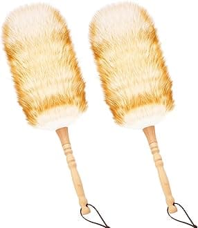 Lambswool Duster for Cleaning with Solid Wooden Handle Leather Hang Strap 19.6 inch Natural Feather Duster for Cleaning Ceiling Fans Window Blinds Computer Furniture(2 Pack)