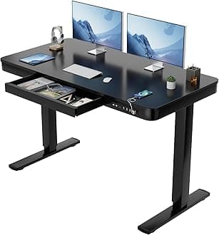 Furmax Electric Standing Desk with Drawer 48 x 24 Inch Adjustable Height Stand up Desk One-Piece Board Pre-Assembled Home Office Computer Desk with USB Ports, Black