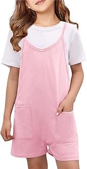 Girls Summer Jumpsuits Spaghetti Strap Sleeveless Loose Romper Short Pants with Pockets 5-14 Years