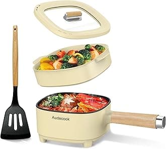 Audecook Electric Hot Pot, 2L Cermic Glaze Non-Stick Frying Pan, Portable Travel Multicooker for Ramen, Steak, Egg, Fried Rice, Oatmeal, Soup, 350W/800W (Beige/2L With Steamer)