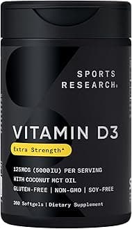Sports Research Vitamin D3 5000 IU with Coconut MCT Oil - High Potency Vitamin D Supplement for Immune & Bone Support - Non-GMO Verified, Gluten & Soy Free – 125mcg, 360 Liquid Softgels