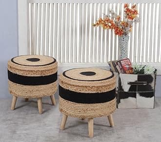 Ottoman Stool for Living Room | Jute & Cotton Dori Foot Rest Ottoman | Durable & Stylish Foot Stool for Sitting, Bedroom & Balcony | 16x16x17 Inch (Combo Jute-Black-Dot)