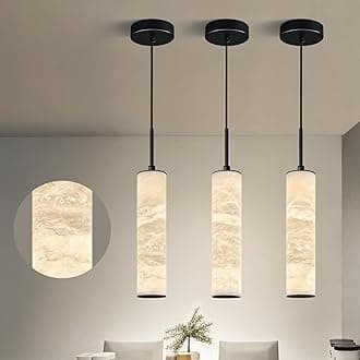 LMQNINE Natural Alabaster Pendant Lights for Kitchen Island White Marble Long Tube Chandelier Modern Black Ceiling Light Fixtures for Bedroom Dining Room Table Living Room Hallway(S-3Pack)