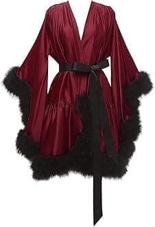 Changuan Women's Feather Robe Silk Satin Fur Bridal Robe Short Dressing Gown Bathrobe Lingerie Nightgown Sleepwear