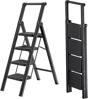 4 Step Ladder with Wide Anti-Slip Pedals Sturdy Steel Ladder Convenient Handrail Heavy Duty Step Stool of 330lbs Capacity Folding Step Stools for Adults Kitchen & Household