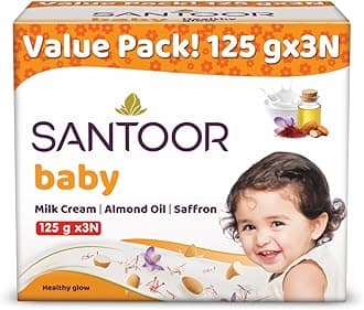 Santoor Baby Bathing Bar Soap with Milk Cream, Saffron, & Almond Oil for Soft & Supple Skin| Gentle & Rich Lathering Formula with Mild Fragrance| 125gx3