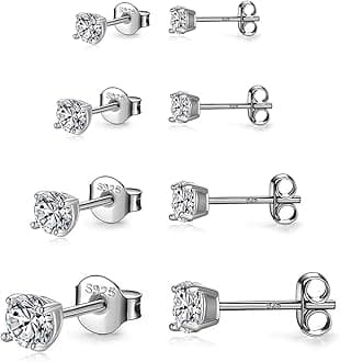 925 Sterling Silver Stud earrings Set | White Gold Plated Hypoallergenic Stud Earrings | Cubic Zirconia Stud Earrings for Women (2mm,3mm,4mm,5mm,6mm,7mm) 8 CZ colors options