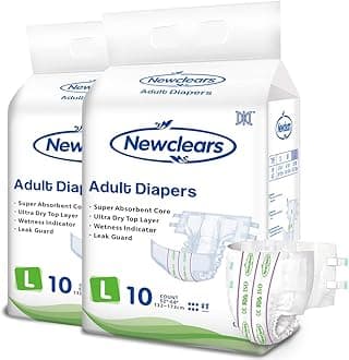 Newclears Adult Diapers with Tabs for Men Women Incontinence Care, Disposable Absorbent for Disability Postnatal Patient Bedridden Care, 10 Count/Pack, 2 Pack, L