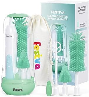 Festiva Electric Bottle Brush Cleaner - Baby Bottle Brush Set with Bottle Brush, Mixing Head, Nipple & Straw Brush, Baby Travel Essential, (Green)