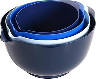 - BoxedHome Nesting Plastic Mixing Bowl Set With Pour Spout, Microwave and Dishwasher Safe, BPA free Non-Slip Base, Set of 4 Size 1.7, 2.5, 3.5 and 4.5qt, Great for Prepping, Baking, Cooking (Dark Blue)