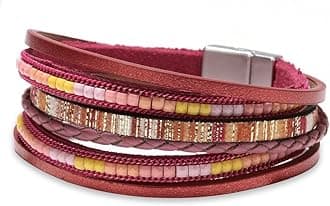 Fesciory Women Multi-Layer Leather Wrap Bracelet Handmade Wristband Braided Rope Cuff Bangle with Magnetic Buckle Jewelry