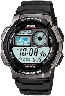 AE1000W Series | Men’s Digital Watch | 100M WR | Multi Alarms | 100 SEC Stopwatch | Countdown Timer | World Map for World Time | LED Light | LC Analog Display | 10 Year Battery