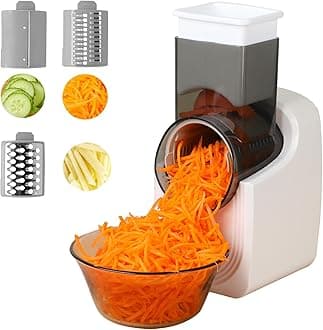 Electric Vegetable Slicer, Salad Shooter, 3-in-1 Electronic Fruit Shredder, Cheese Grater for Home Kitchen Use, Electric Grater with 3 Type Blades Stainless Steel,WhiteA