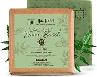 Nat Habit Neem Basil Butter Soap|Cold Processed Ayurvedic Soap with Neem Actives|Antibacterial, Herbal Soaps for Bath|Anti-Inflammatory Handmade Neem Soap Bar|Essential Oils for Body Acne| 125g