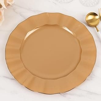 Efavormart 10 Pack | Gold 11" Round Plastic Dinner Plates, Disposable Tableware with Gold Wavy Rim for Wedding, Outdoor Receptions, Banquets, Holiday Dining