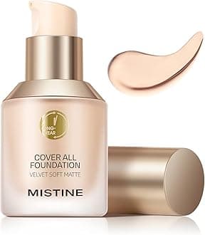 MISTINE Full Coverage Foundation Makeup for Oily Skin,24 Hour Oil Control Liquid Foundation,Skin-Caring,Moisturizing Formula,Cream Foundation,Matte Finish,Natural Ivory,1 Fl Oz