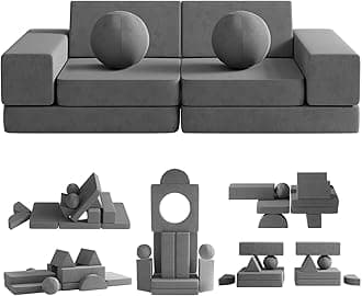 wanan 12PCS Modular Kids Play Couch with 2 Balls and Tunnel, Toddler Play Couchs for Playroom, Modular Play Couchs for Kickball Game, 30+ Creative Gameplay(Dark Gray)