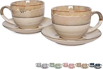 Bosmarlin Ceramic Cappuccino Cup and Saucer Set of 2, 10 Oz, Coffee Cups for Latte, Espresso, Tea, Dishwasher and Microwave Safe, Reavtive Glaze (Brown Grey)