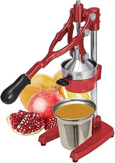 - 19 Inch Height Extra Tall Commercial Heavy Duty Cast Iron Hand Press Manual Orange Citrus Lemon Lime Grapefruit Pomegranate Fruit Juice Squeezer Machine with Stainless Steel Cup Red