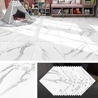 32-Pack White Marble Peel and Stick Floor Tile 12X12 Inch Waterproof Vinyl Floor Tiles Peel and Stick Flooring Tiles Self Adhesive Bathroom Floor Tile Stickers Kitchen Laminate Groutable