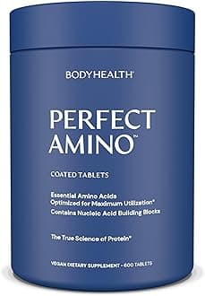 BodyHealth PerfectAmino Easy to Swallow Tablets (600 Ct), Essential Amino Acids Supplement with BCAAs, Vegan Protein for Pre/Post Workout & Muscle Recovery with Lysine, Tryptophan, Leucine, Methionine