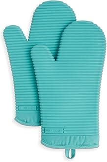 KitchenAid Ribbed Soft Silicone Oven Mitt Set, 7"x13", Aqua Sky