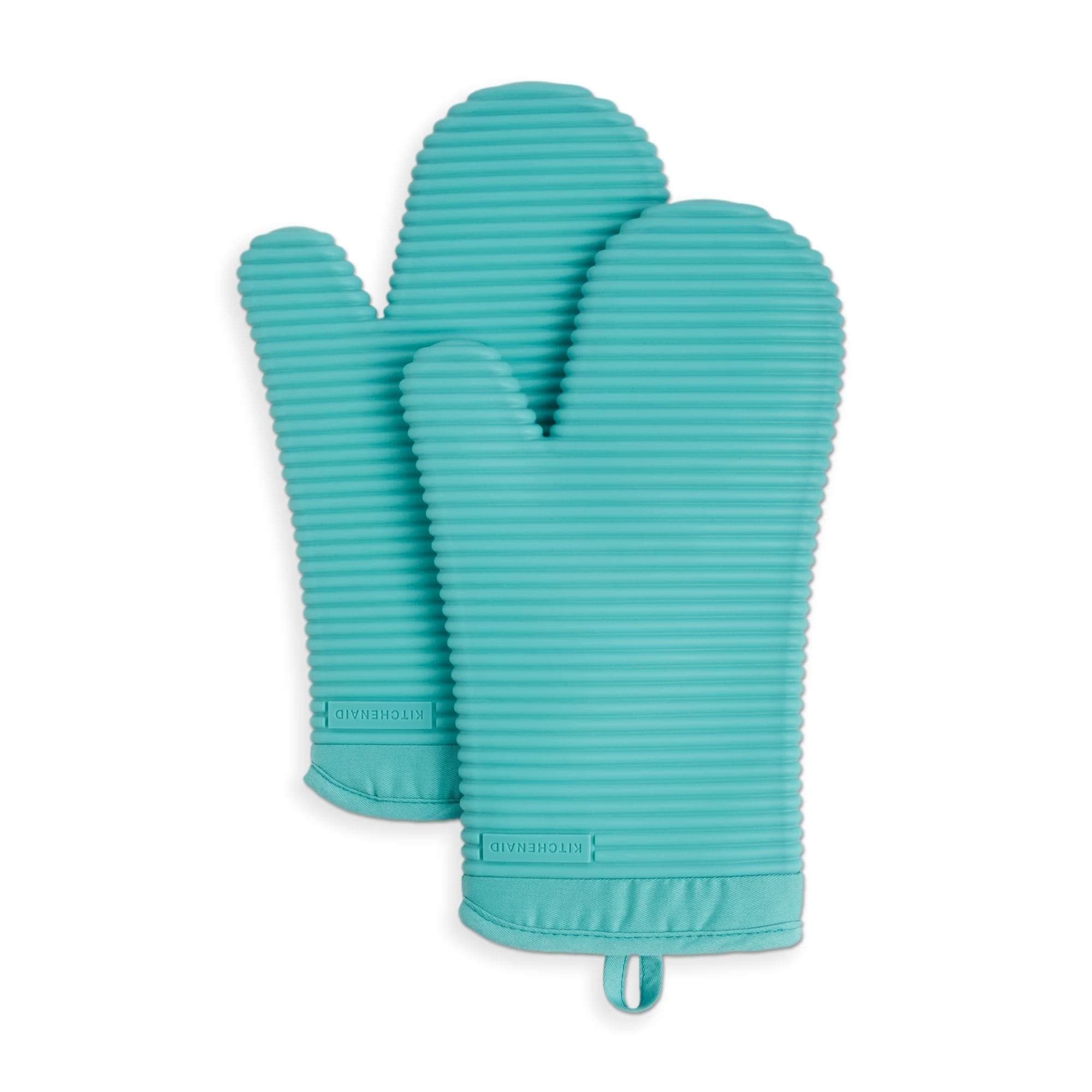 KITCHENAID Ribbed Soft Silicone Oven Mitt 2-Pack Set, 7.5"x13", Aqua Sky
