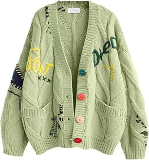 Women's Cable Knit Long Sleeve Open Front Cardigan Sheep V-Neck Button Down Embroidery Wool Blend Sweater Coat Outwear
