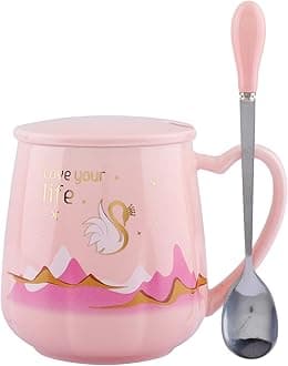 NYRWANA DELIVERING SMILES IN INIDA Love Your Life Mug Cute Coffee Mugs Funny Ceramic Tea Cups with Ceramic Lid and Spoon Gifts for Birthday (Pink)