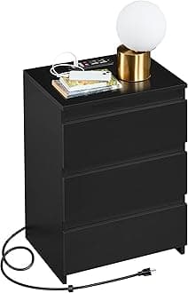 Yaheetech Nightstand with Charging Station, Wood Bedside Table with 3 Drawers, Bedside Storage Cabinet Unit with 2 USB Ports & Power Outlets for Bedroom/Small Space/Home Office, Black