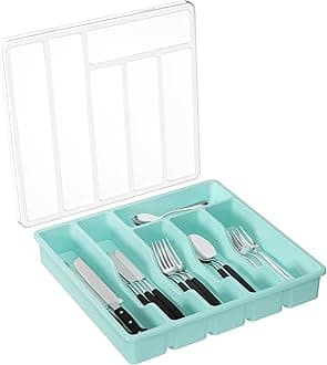 Lifewit Cutlery Tray with Lid, Cutlery Storage Box for Kitchen Drawer and Countertop, Plastic Cutlery Drawer Organiser for Spoons Forks Knives Holder Storage Insert, 6 Compartments, TurquoiseRecycled Claim Standard 100