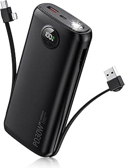 Portable Charger with Built in Cable Power Bank 40000mAh PD 30W Fast Charger Battery Pack Built-in Type-C/iOS Cable and Flashlight for iPhone Samsung Google iPad etc