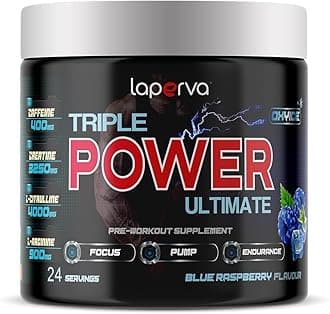 Laperva Triple Power Ultimate Pre-Workout- Maximize Muscle Pump, Enhance Focus with Beta-Alanine, Caffeine, Citrulline Malate, Creatine, and Essential Vitamins (24 Servings, Blue Raspberry)