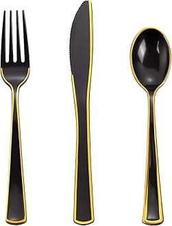 WDF 180 Pieces Black and Gold Plastic Silverware -Halloween Black Plastic Cutlery Incluede 60 Forks 60 Knives 60 Spoons Heavy Duty Disposable Flatware - Gold Utensils for Halloween/Party/Daily Use