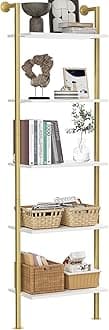 Acovy5-Tier Bookshelf - Solid Wood Narrow Ladder Shelf, Wall Mount Bookcase, Storage Rack for Living Room, Bedroom, Bathroom - White and Gold