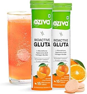 OZiva Bioactive Glutathione Tablets for Radiant Skin - 30 Effervescent Tablets (Pack of 2) | L-Glutathione, Lycopene, Vitamin C for Skin Glow & Anti-Pigmentation | Orange