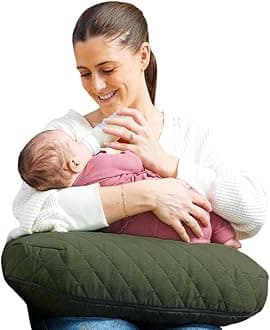 Nursing Pillow - Ergonomic Bottle & Breastfeeding Pillow with High, Firm, Large Area, Water-Repellent Cushion with Washable Cover; Baby Safety Alliance Verified - Quilted Moss