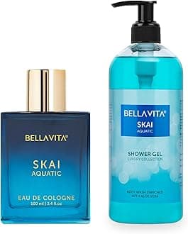 Bella Vita Luxury Skai Aquatic EDC Premium Long Lasting Fragrance Pefume 100ml & Shower Gel for Deep Cleansing, Hydrating, Softer Skin with Aloe Vera 500ml