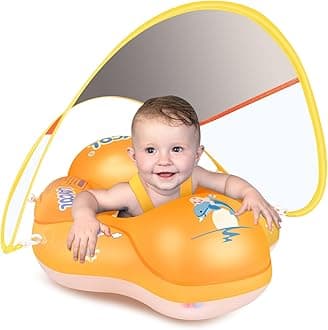 Baby Pool Float No Flip Over, Inflatable Baby Float with Sun Protection Canopy, Baby Swimming Float, Baby Swim Float with Double Air Chambers, Add Tail for Age of 3-36 Months