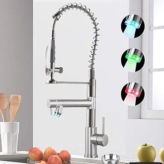 VIDEC Smart Kitchen Faucet, 3 Modes Pull Down Sprayer, LED Temperature Control, Ceramic Valve,1 or 3 Hole Deck Plate, Double Spout. 10-Year Warranty. (Two-Spout with LED (KW-29) Brushed Nickel)