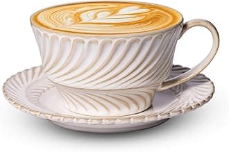 KASTWAVE 8.45oz Latte Cup with Saucer Set, Vintage Embossed Bone China Porcelain Coffee Mug for Cappuccino, Espresso & Turkish Coffee, Farmhouse Style Gift for Baristas