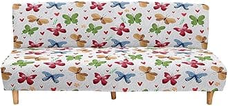 Mateju Armless Sofa Bed Cover, Butterfly Pattern Folding Sofa Bed without Armrests, Non Slip Stretch Futon Slipcover Protector for 2-3 Seater, Washable Couch Bed Slipcovers (multicolor,120-150cm)