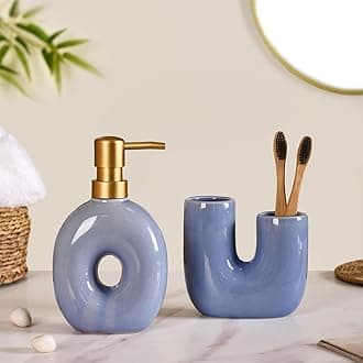 Nestasia Ceramic Bathroom Accessories Set of 2 - Liquid Soap Pump Dispenser & Toothbrush Holder for Wash Basin & Bathroom - Blue & Gold Glossy Bath Set