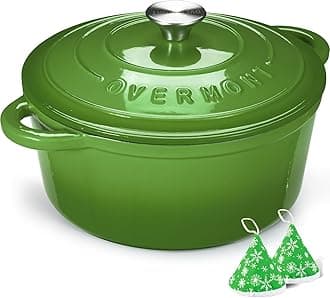 Overmont Enameled Cast Iron Dutch Oven - 5.5QT Pot with Lid Cookbook & Cotton Potholders - Heavy-Duty Cookware for Braising, Stews, Roasting, Bread Baking green
